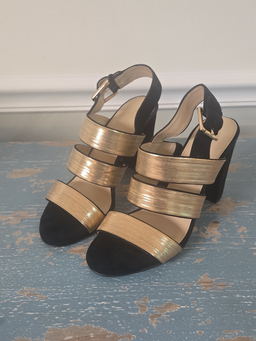 Botkier New York Black and Gold Suede Strappy Block Heel Sandals